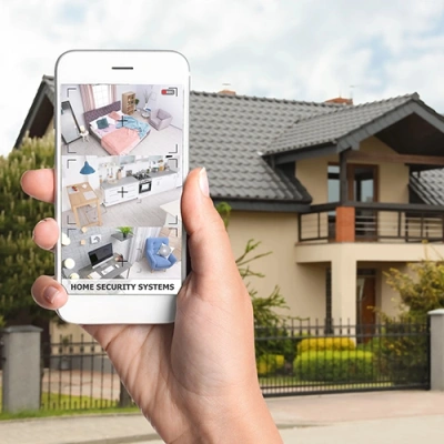 Chicago vivint phone display of cctv live feed in front of a house
